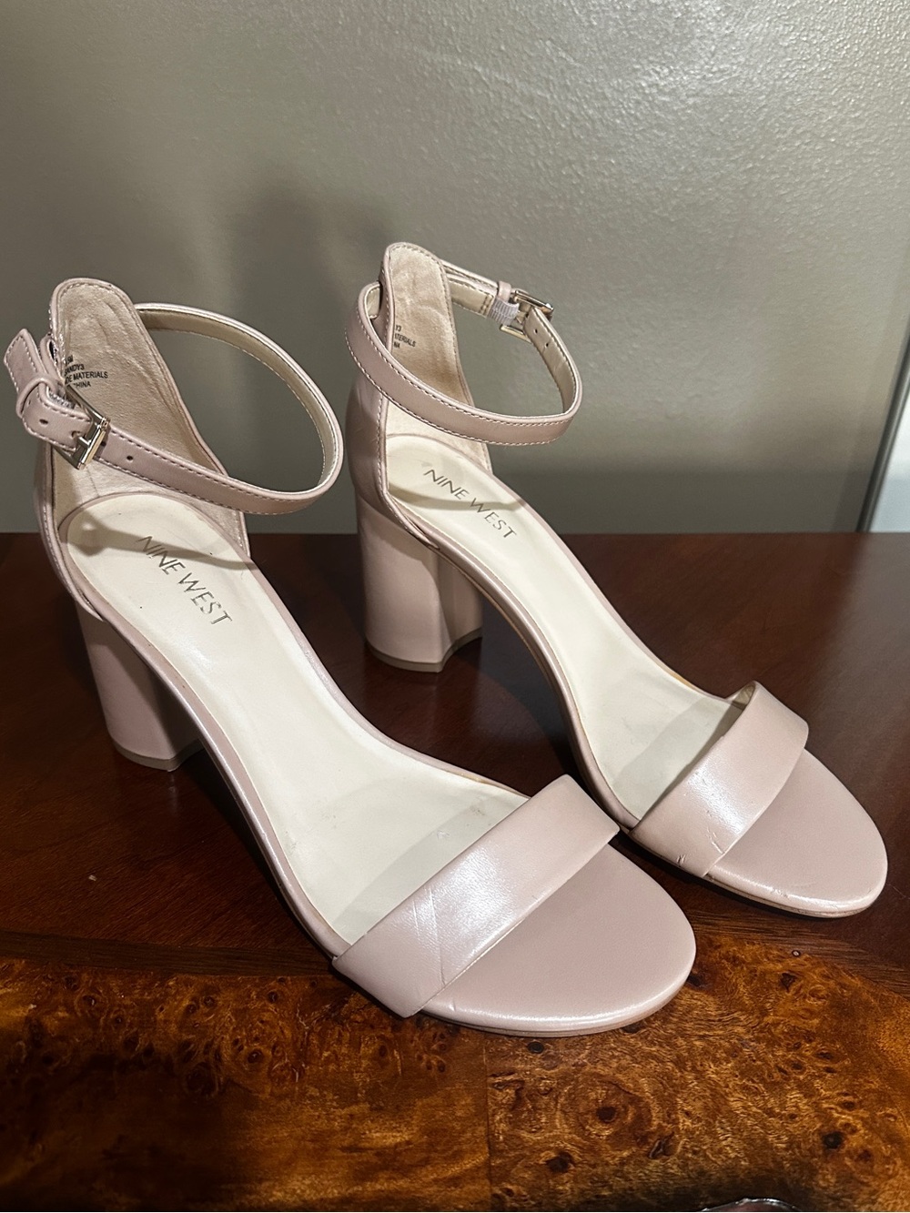 Nine West Beige/Slight Pale Pink Sandy Block Heel Ankle-Strap Sandals